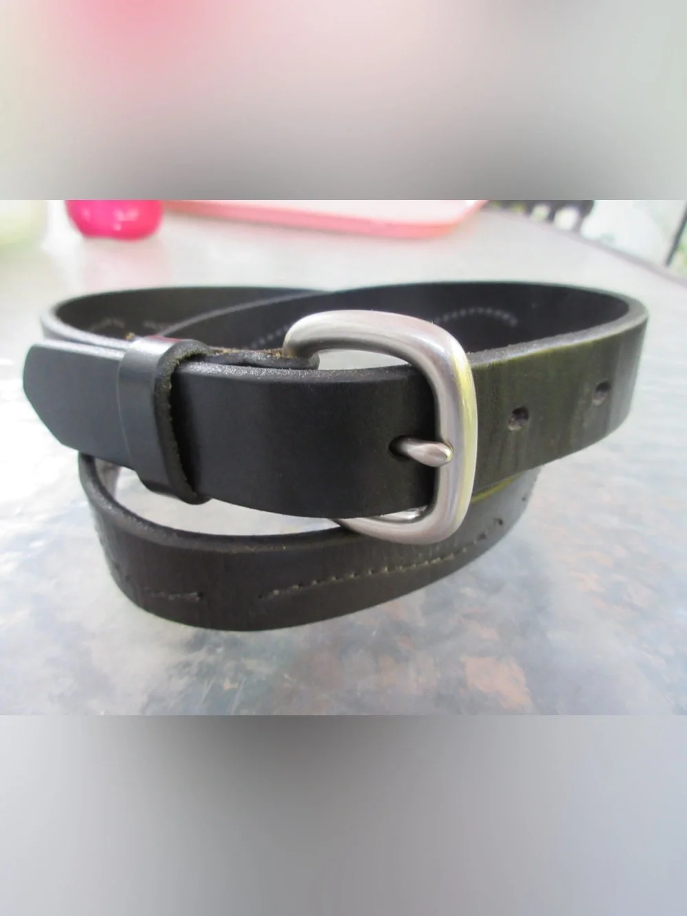 Eddie Bauer Black Leather Belt with Matte Silver Buckle 36-40”